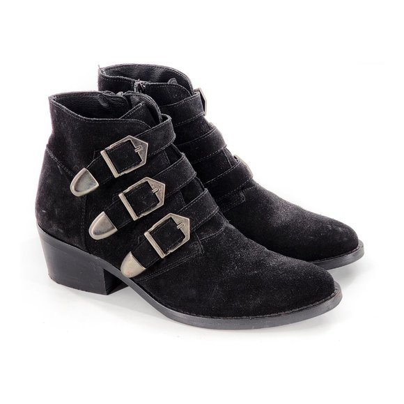SKA Shoes - SKA Shoes Suede Leather Buckle Ankle Bootie Black Made in Spain